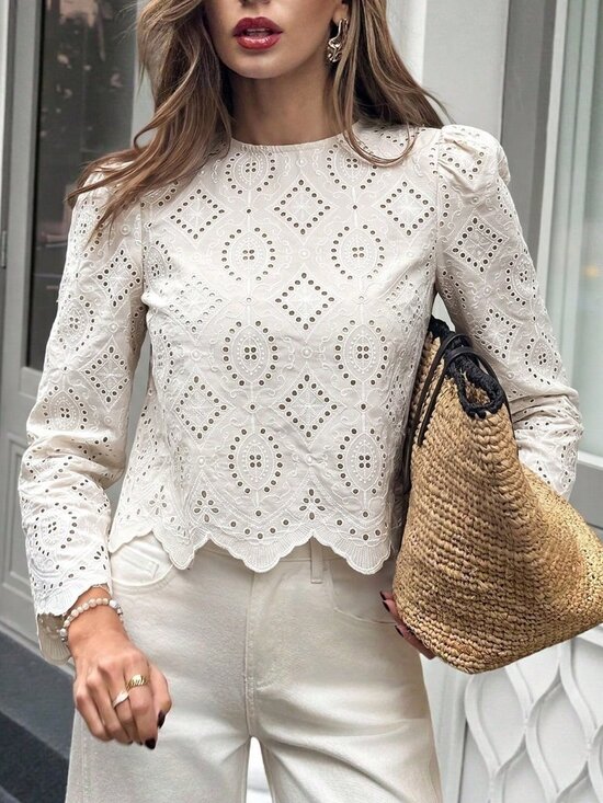 Tops - Apricot Casual Women's Hollow Embroidery Round Neck Long Sleeve Blouse top